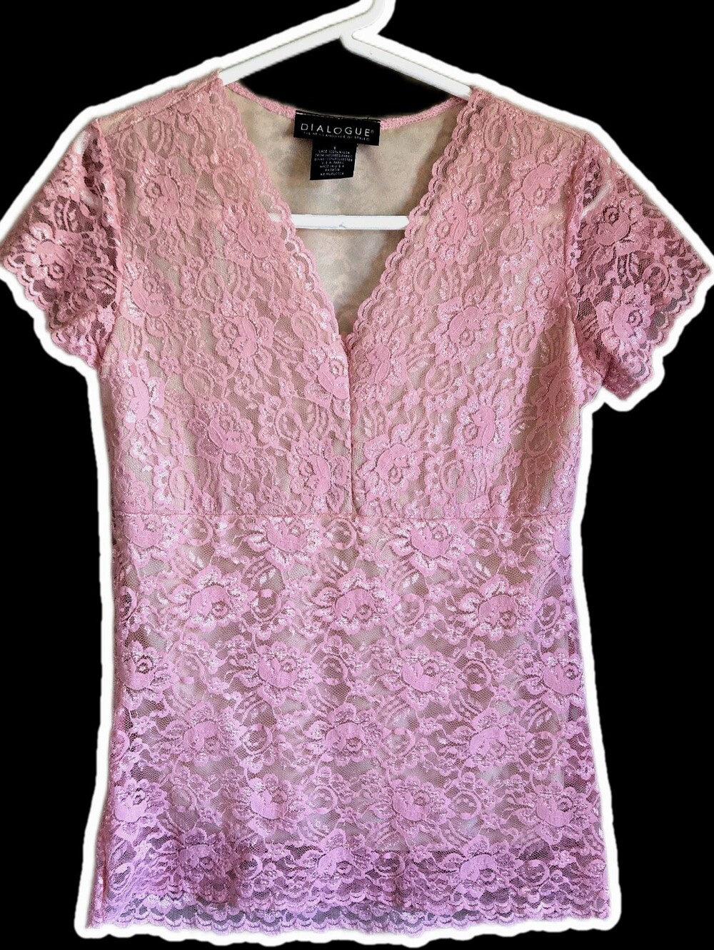 Vintage Blush Pink Floral Lace V-Neck Top Size S